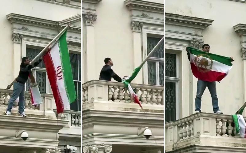 Protester replaces Islamic Republic flag with shah-era banner at Iran’s London embassy