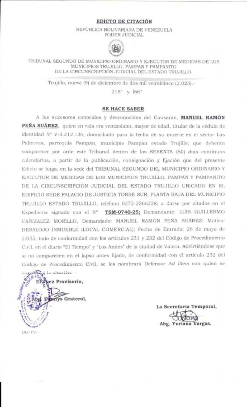 Edicto de citación. Se hace saber a los sucesores conocidos y desconocidos del Causante, MANUEL RAMÓN PEÑA SUÁREZ, quien en vida era titular de la cédula de identidad N° V-3.212.136 (09/01/2026)