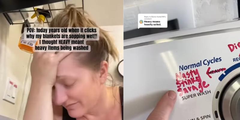 Mom realizes she's been using the 'heavy' setting on her washer wrong for years—and fellow moms are shook