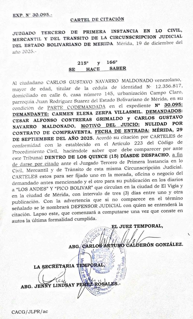 Cartel de citación al ciudadano CARLOS GUSTAVO NAVARRO MALDONADO titular de la cédula de identidad Nº 12.356.817